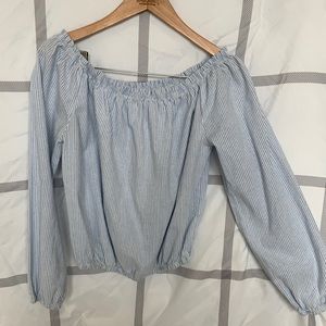 white and blue stripped off the shoulder blouse